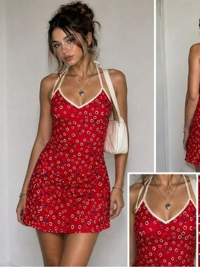True Y2K Red Halter Mini Dress Floral  Cottagecore Coquette Indie Sleaze Summer